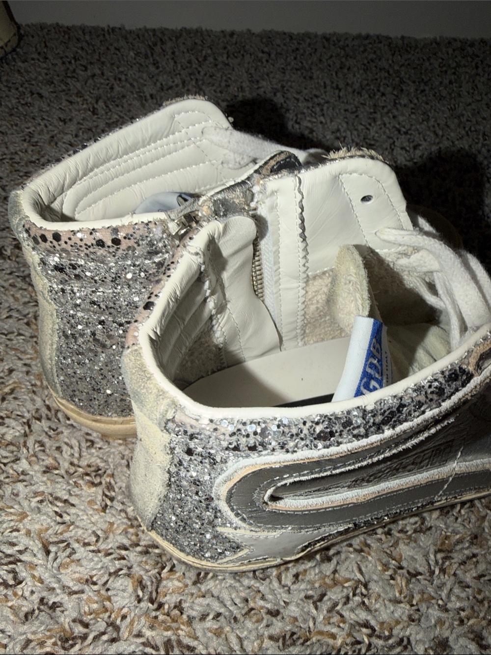 Golden Goose Kids Metallic Silver High-Top Sneakers with Glitter Star - Picture 2 of 3